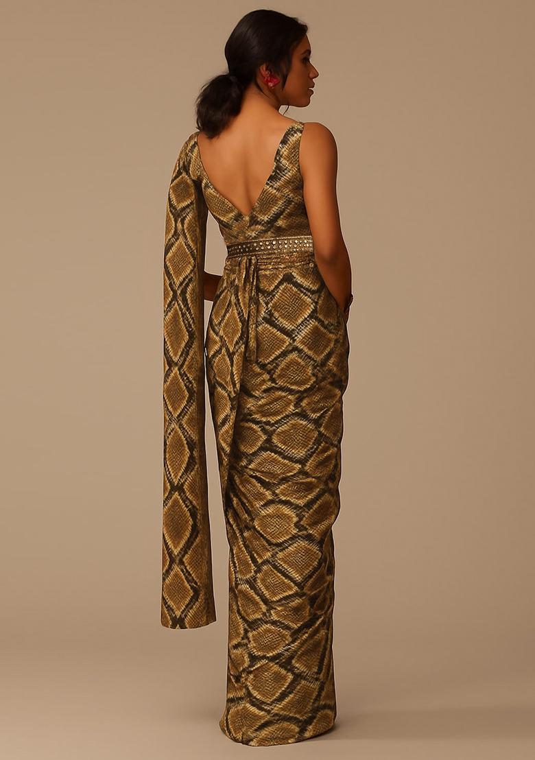 Brown Floral Printed Pre Draped Saree Set - Indya