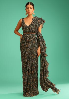 Green Georgette Floral Printed Pre Draped Saree Set