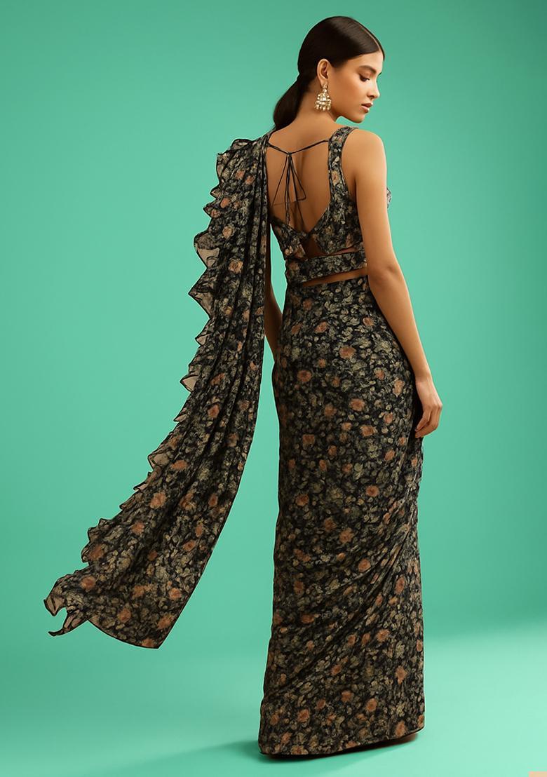 Green Georgette Floral Printed Pre Draped Saree Set - Indya