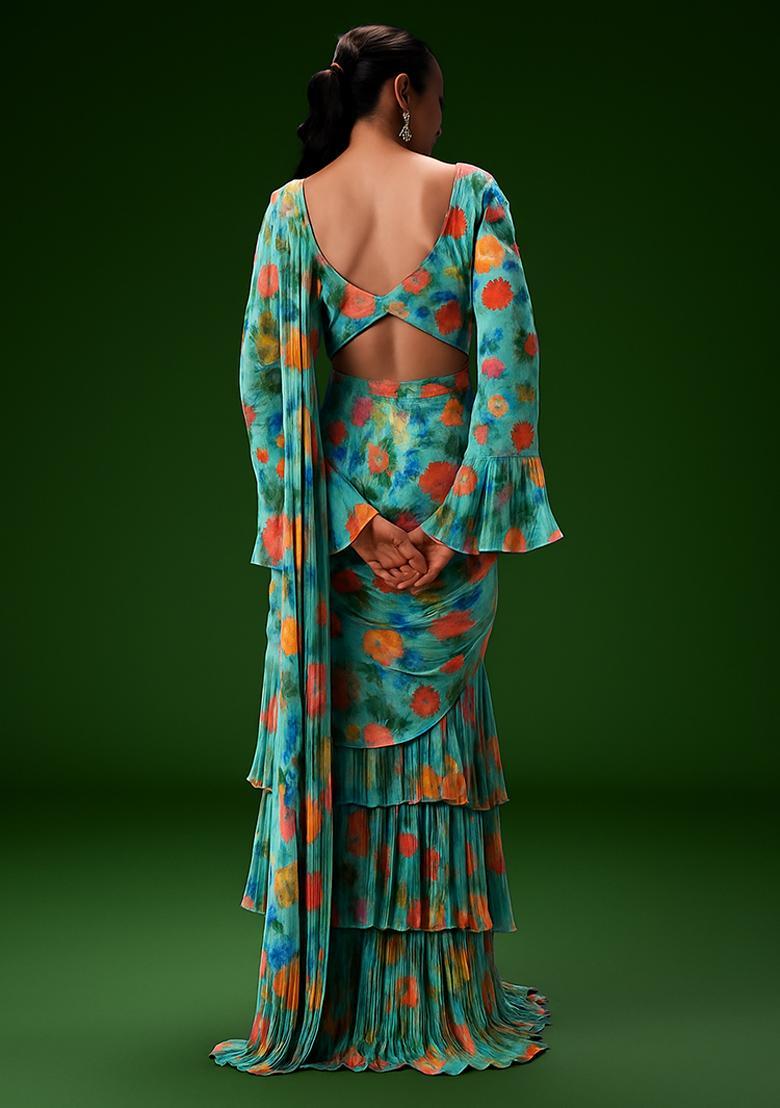 Multicolor Abstract Print Georgette Pre Draped Saree Set - Indya