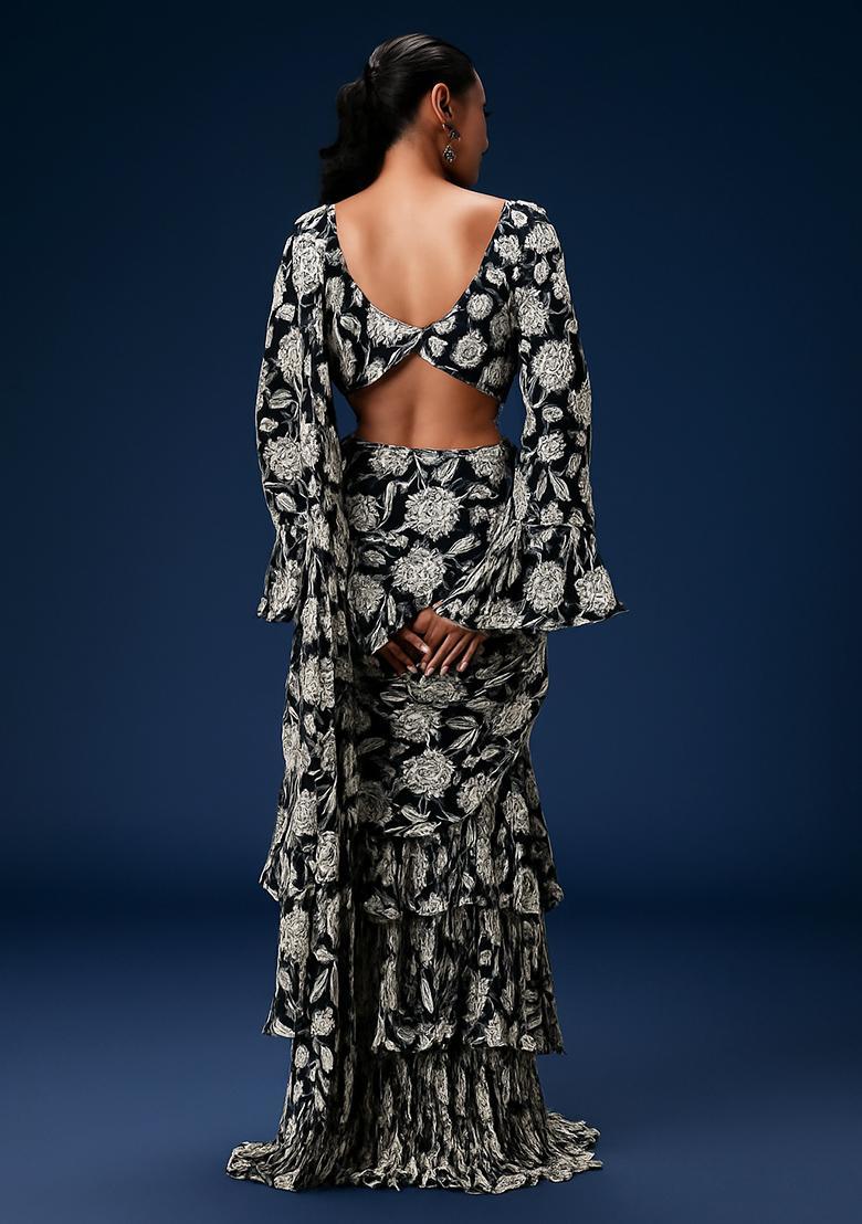 Black Floral Print Georgette Pre Draped Saree Set - Indya