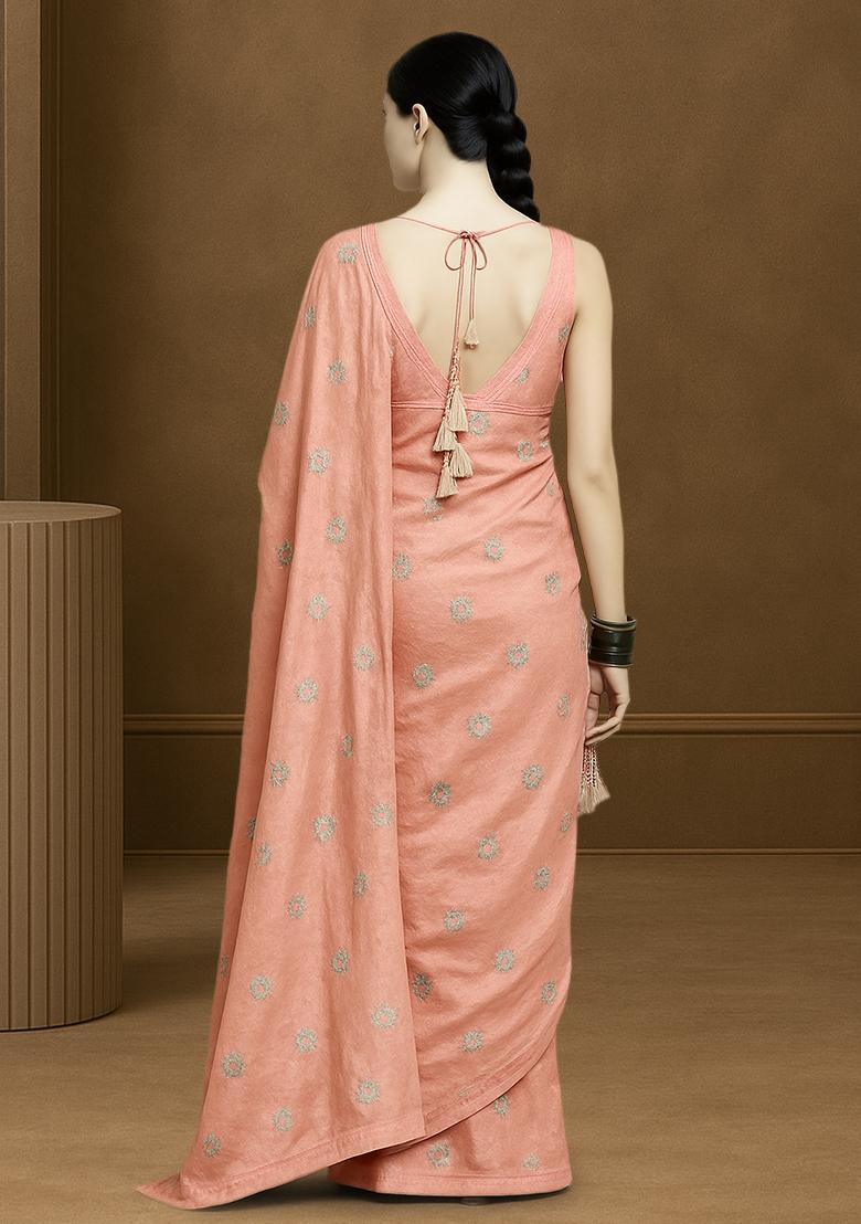 Peach Embroidered Tissue Pre Draped Saree Set - Indya