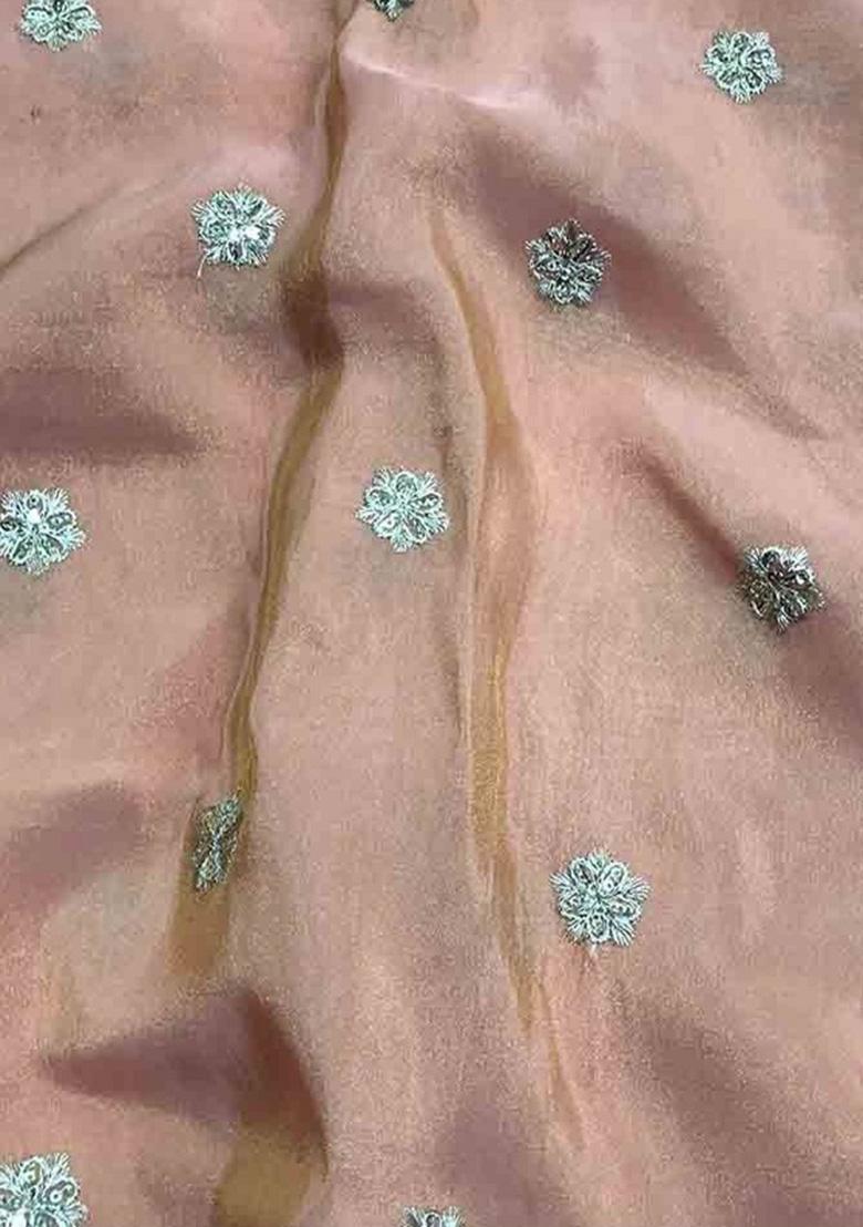 Peach Embroidered Tissue Pre Draped Saree Set - Indya