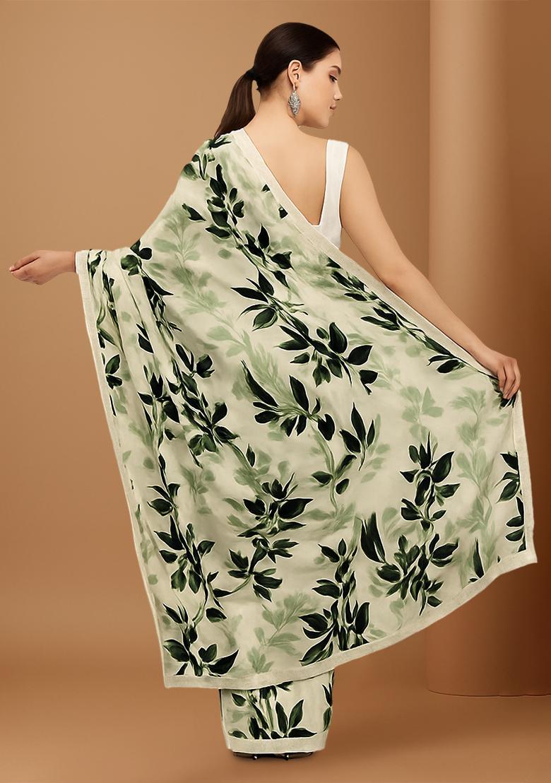 Green Floral Print Satin Pre Draped Saree Set - Indya