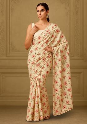 White Floral Print Satin Pre Draped Saree Set