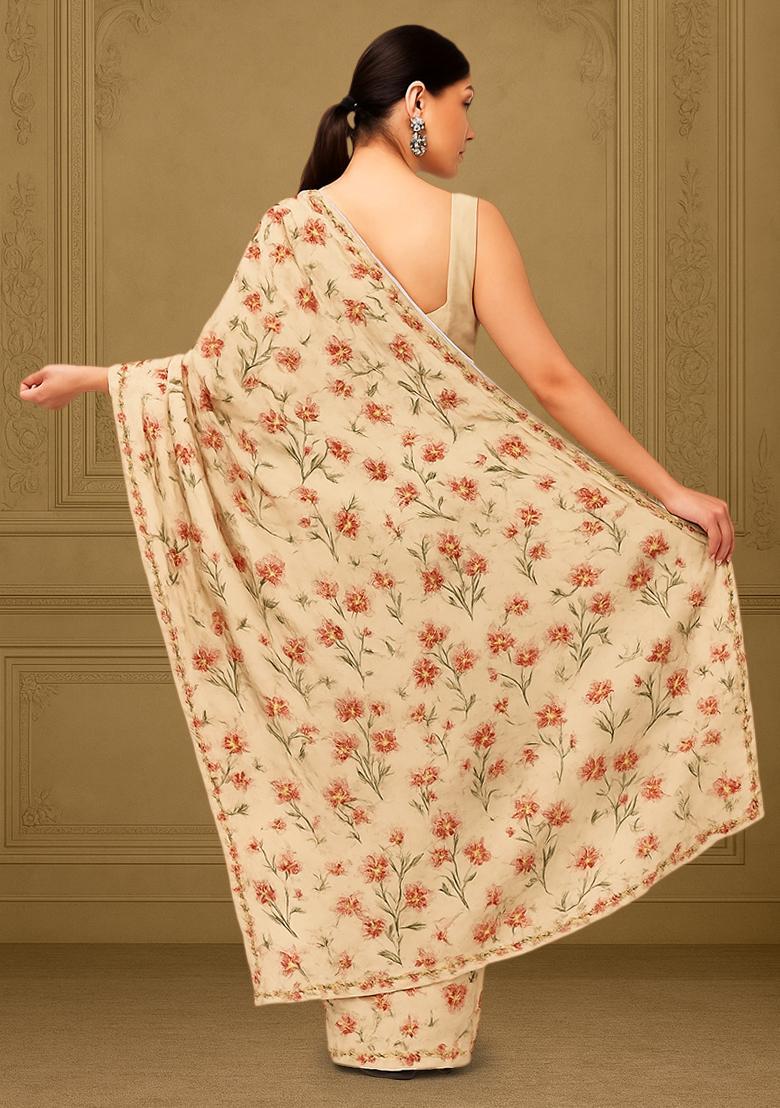White Floral Print Satin Pre Draped Saree Set - Indya