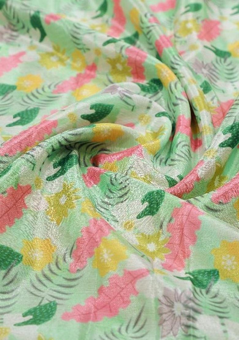 Green Floral Print Chinon Pre Draped Saree Set - Indya