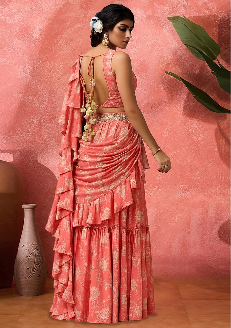 Pink Floral Print Satin Pre Draped Saree Set - Indya