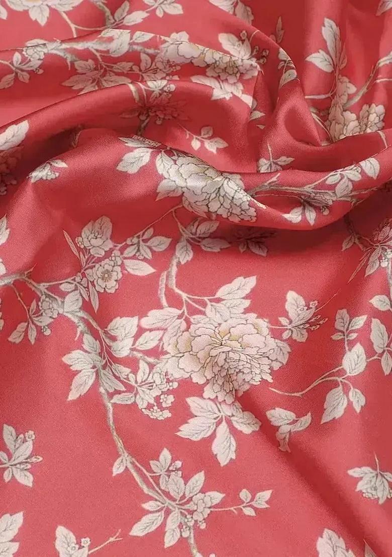 Pink Floral Print Satin Pre Draped Saree Set - Indya