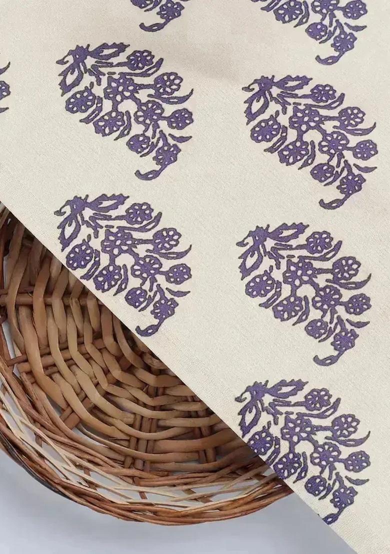White And Purple Figure Print Satin Pre Draped Saree Set - Indya