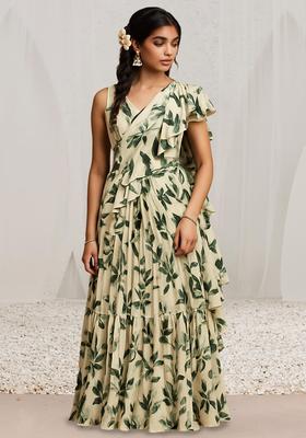 Green Floral Print Satin Pre Draped Saree Set