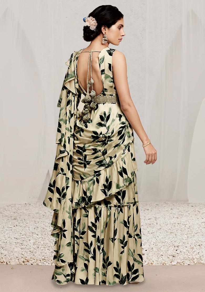 Green Floral Print Satin Pre Draped Saree Set - Indya