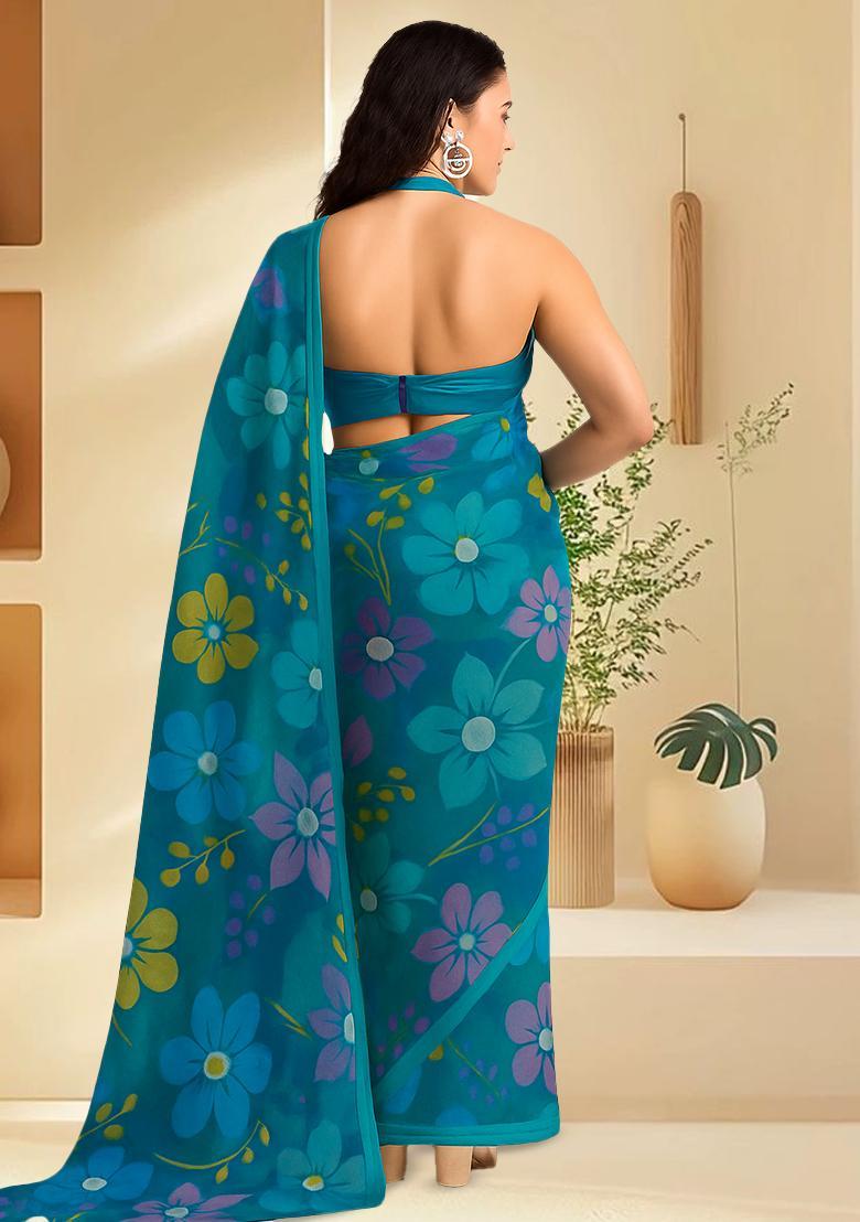 Blue Floral Print Organza Pre Draped Saree Set - Indya