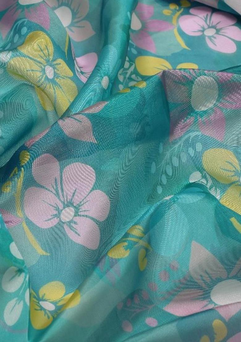 Blue Floral Print Organza Pre Draped Saree Set - Indya
