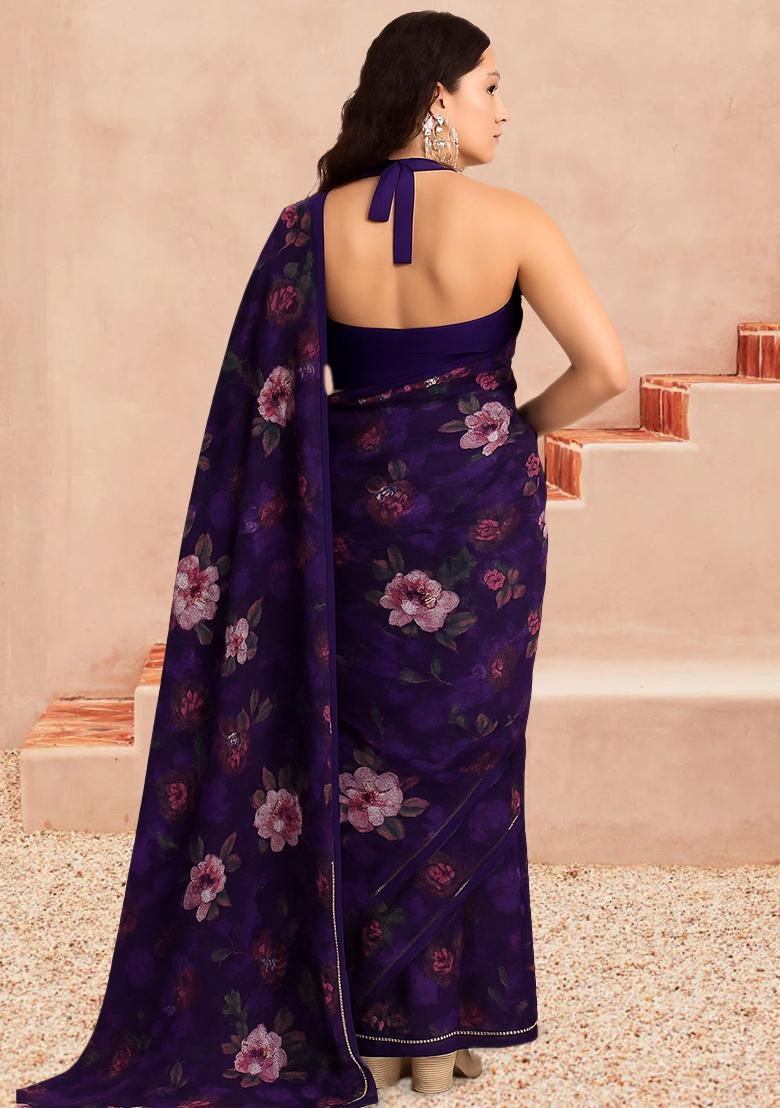 Purple Floral Print Organza Pre Draped Saree Set - Indya
