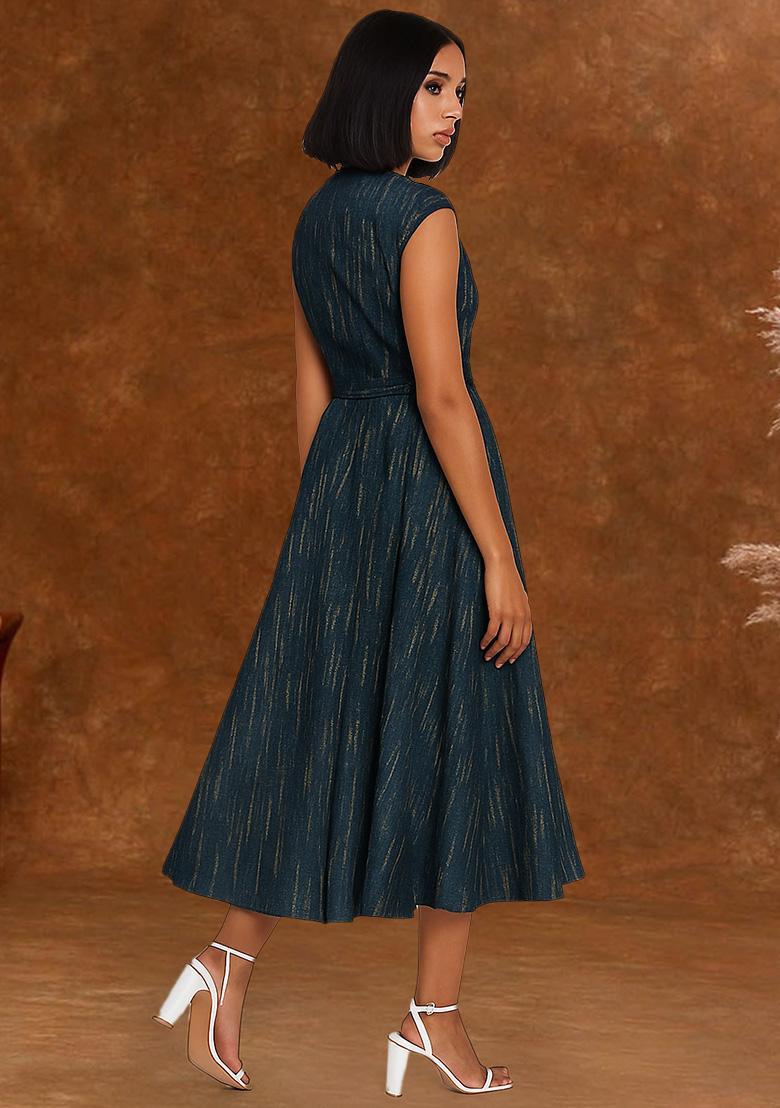 Blue Brocade Dress - Indya