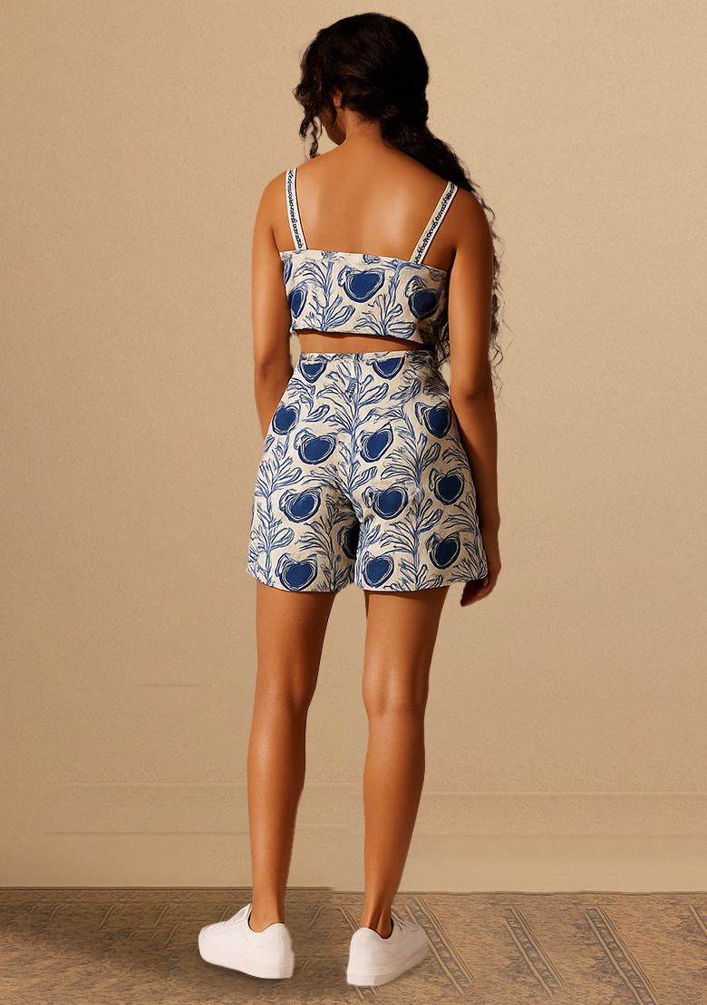 Blue And White Poplin Floral Printed Co-Ord Set - Indya