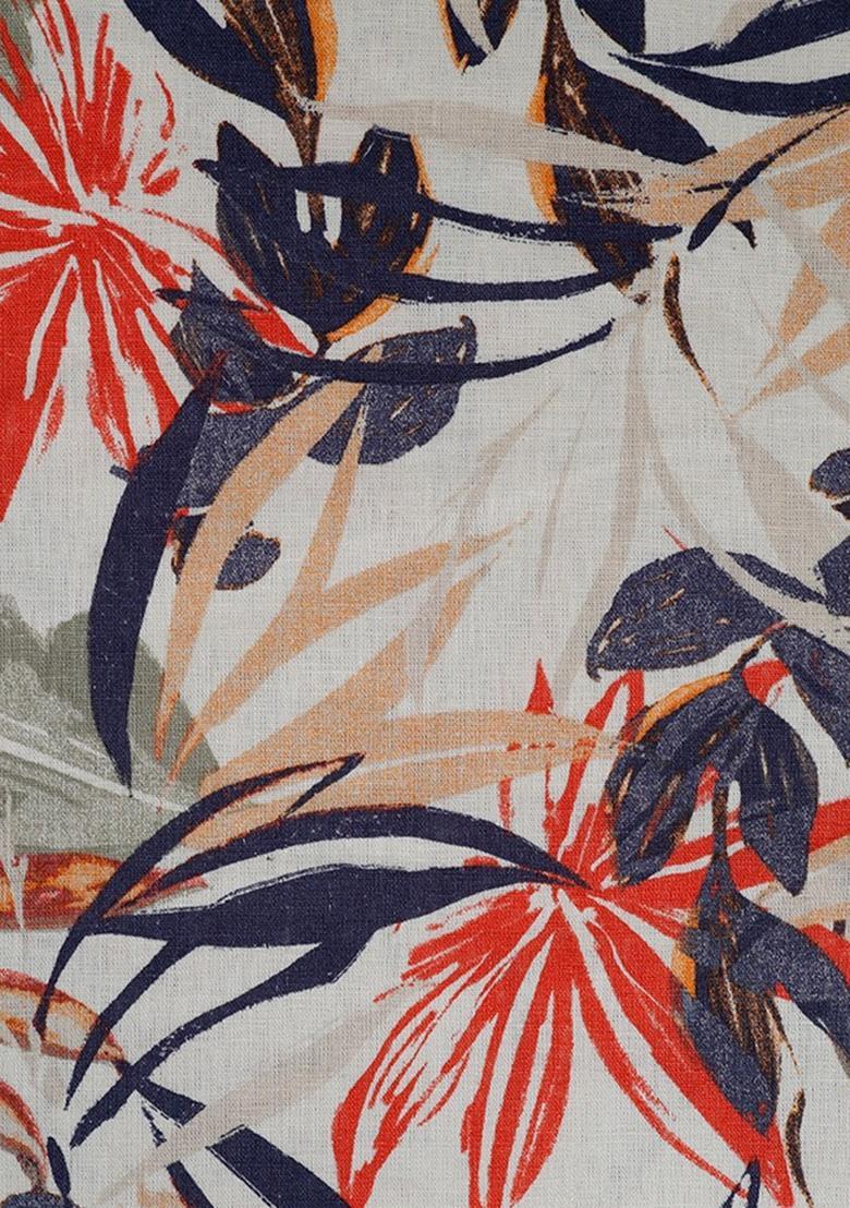 Off White Cotton Linen Floral Printed Dress - Indya