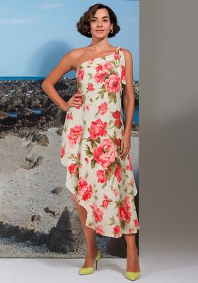 White Cotton Linen Floral Printed Dress