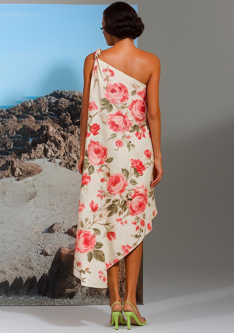 White Cotton Linen Floral Printed Dress - Indya