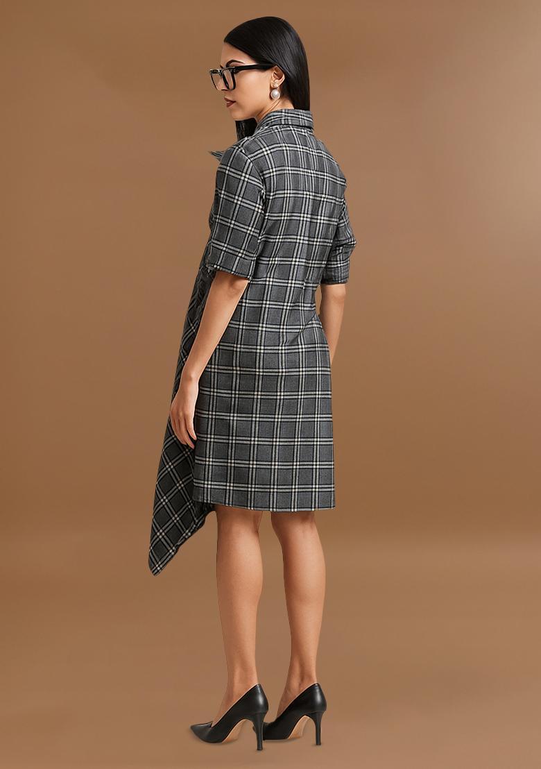 Black And White Cotton Checked Dress - Indya