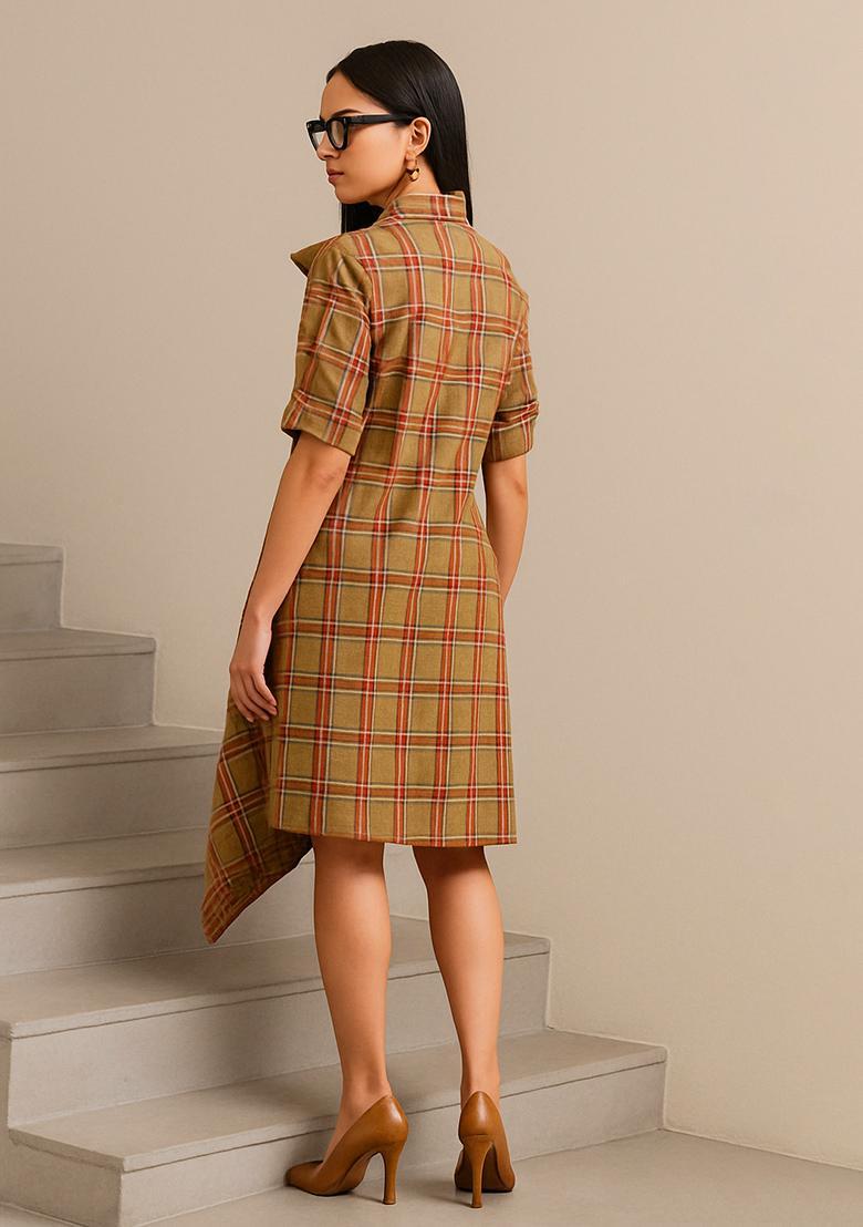 Light Brown Cotton Checked Dress - Indya