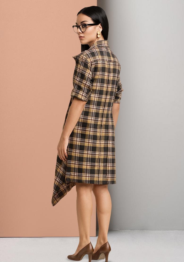 Beige Cotton Checked Dress - Indya