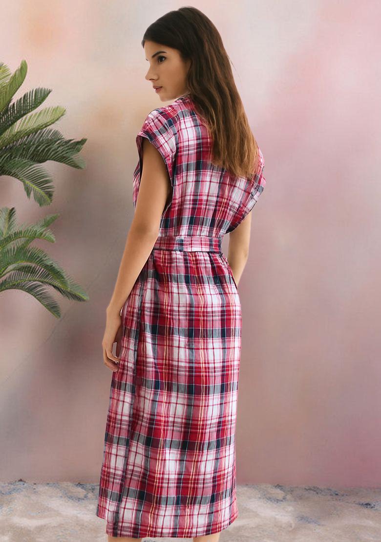 Red Cotton Checked Dress - Indya