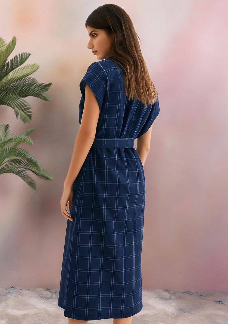 Blue Cotton Checked Dress - Indya