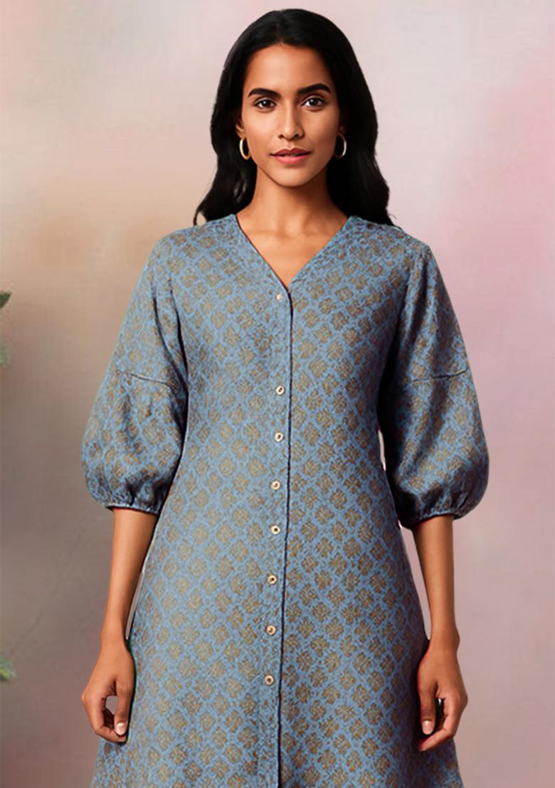 Blue Brocade Dress - Indya