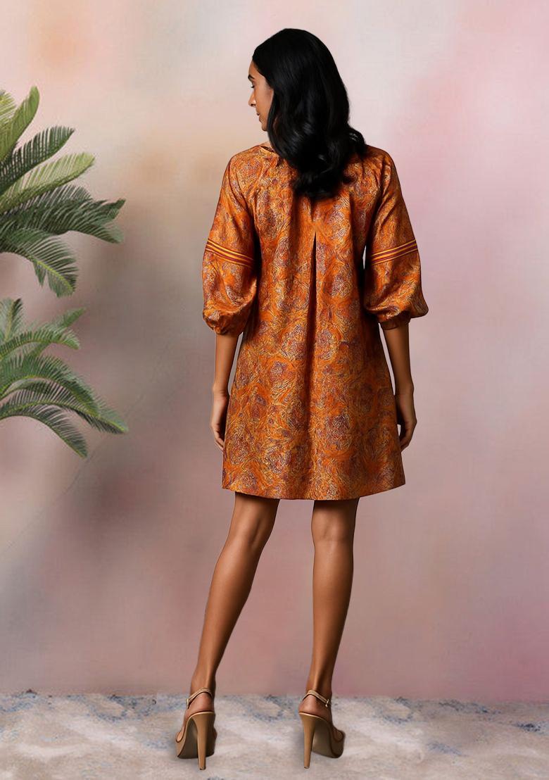 Orange Brocade Dress - Indya