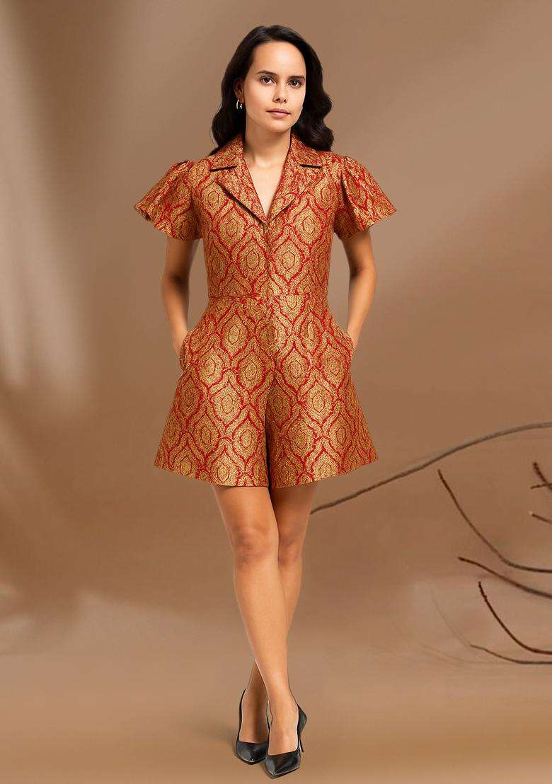 Maroon Brocade Dress - Indya