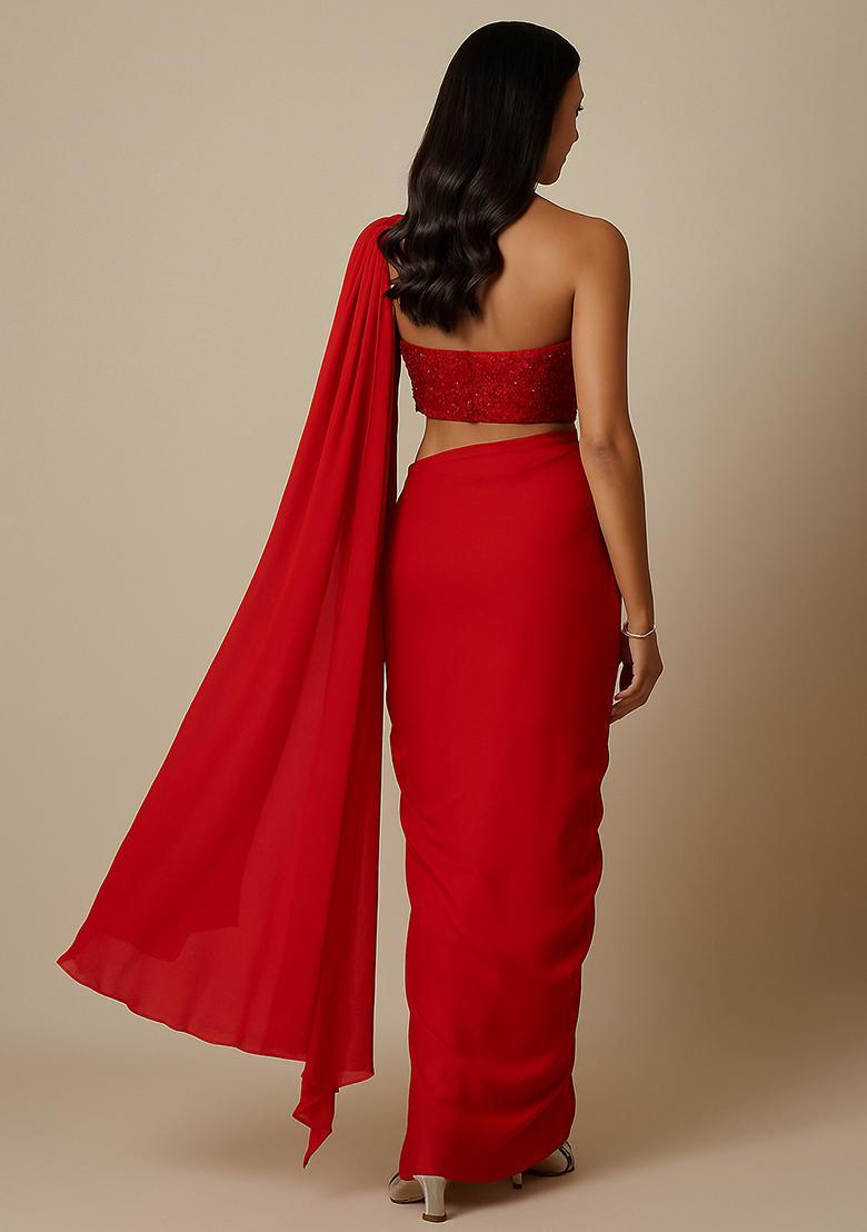 Red Embellished Blouse Georgette Pre Draped Saree Set - Indya