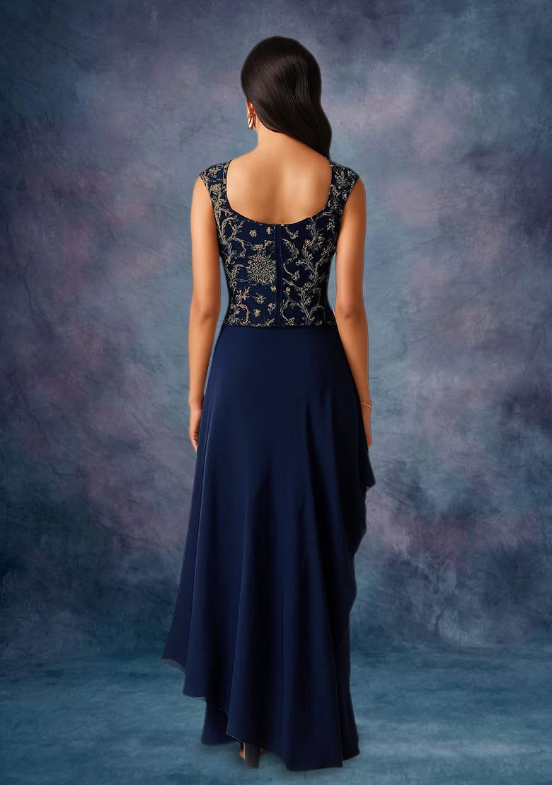 Blue Embroidered Georgette Fusion Set - Indya