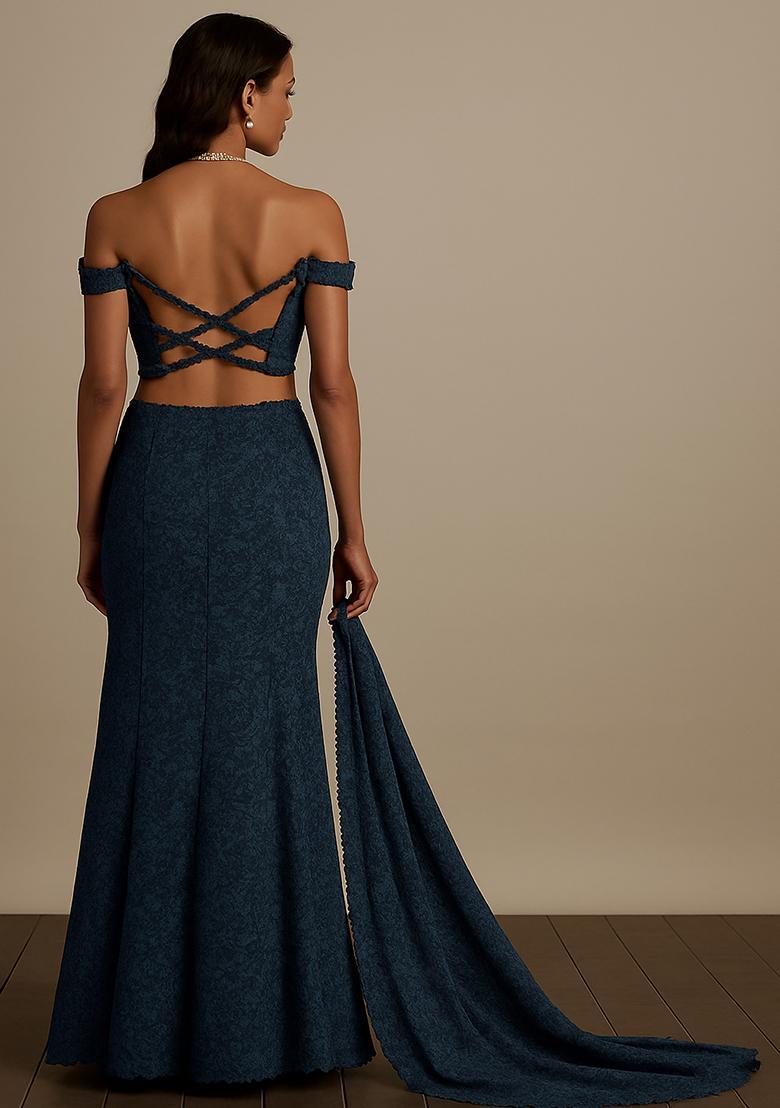Dark Blue Net Embroidered Lehenga Set - Indya