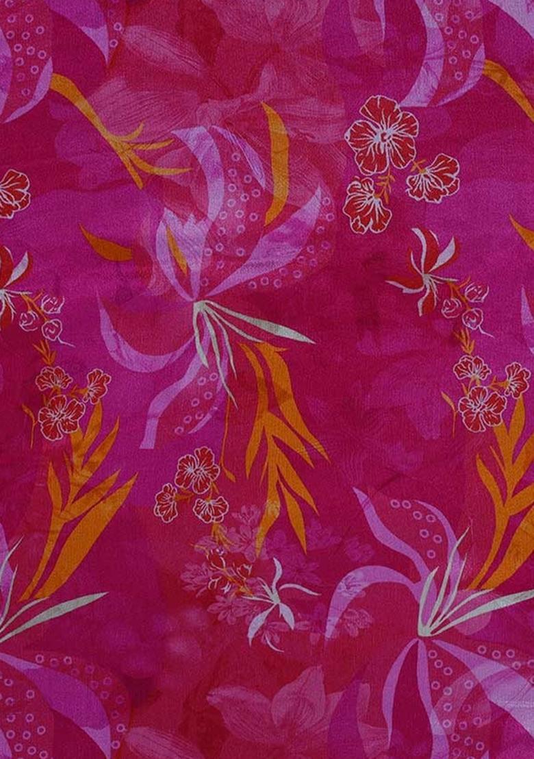 Magenta Pink Floral Printed Chinon Lehenga Set - Indya
