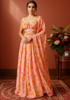 Pink Floral Printed Chinon Lehenga Set