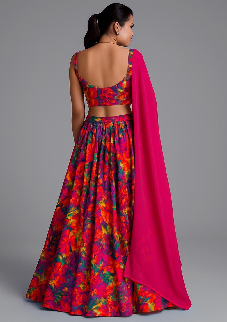 Multicolor Georgette Abstract Printed Lehenga Set - Indya