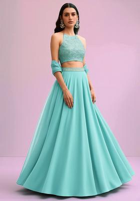 Pastel Blue Brocade Blouse Georgette Lehenga Set