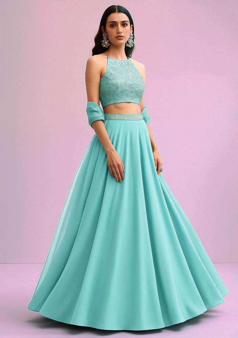Pastel Blue Brocade Blouse Georgette Lehenga Set - Indya