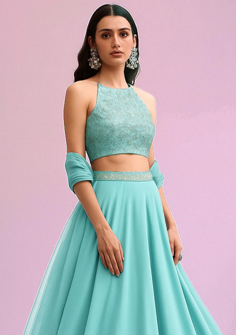 Pastel Blue Brocade Blouse Georgette Lehenga Set - Indya