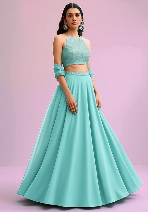 Pastel Blue Brocade Blouse Georgette Lehenga Set