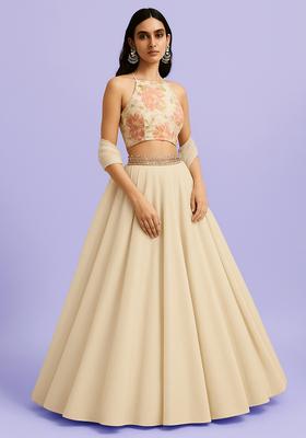 Cream Brocade Blouse Georgette Lehenga Set