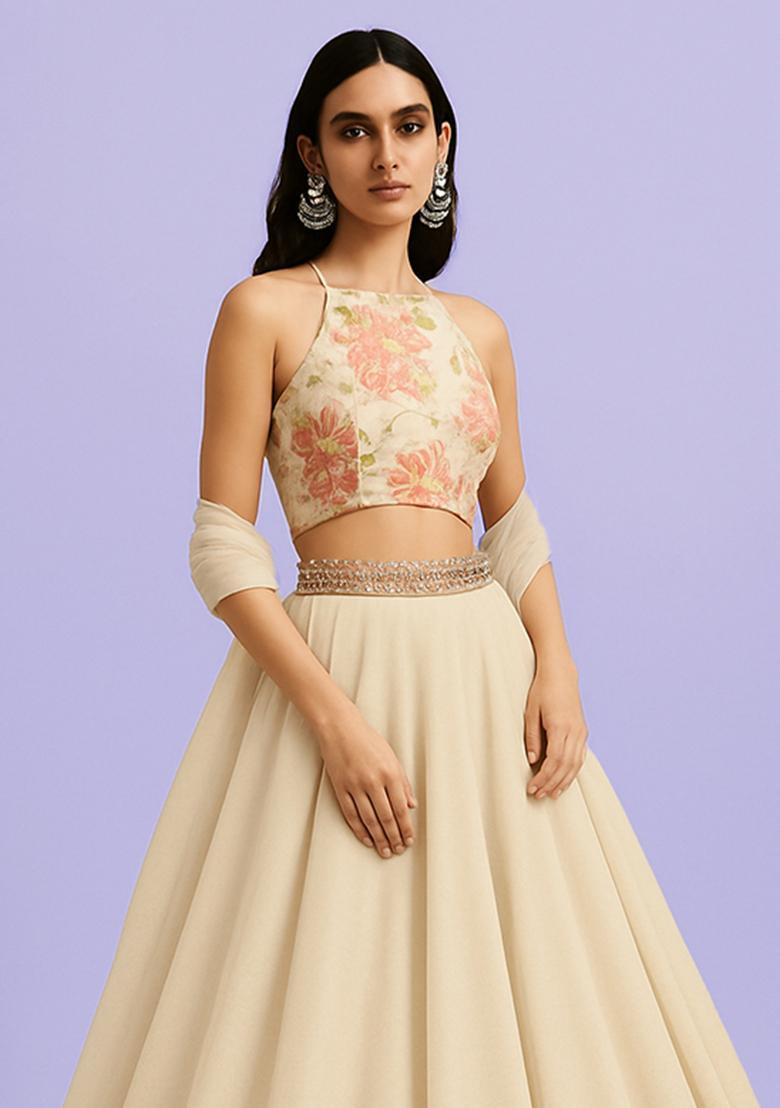 Cream Brocade Blouse Georgette Lehenga Set - Indya