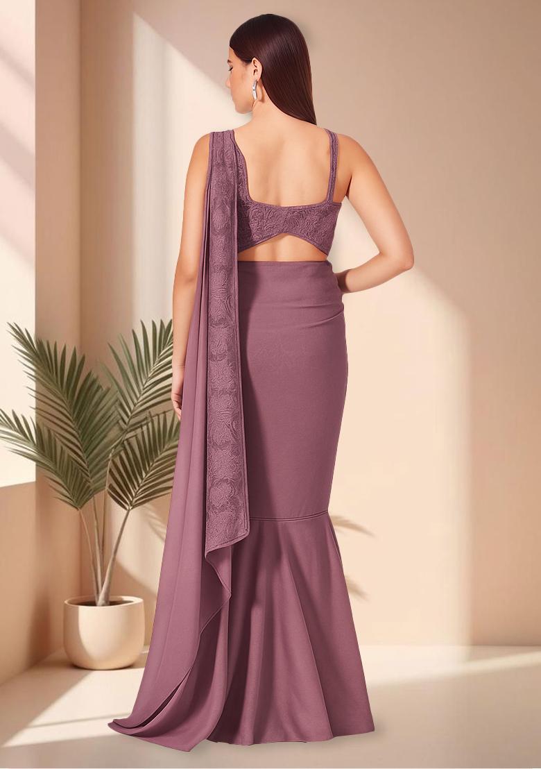 Purple Satin Embroidered Pre Draped Saree Set - Indya
