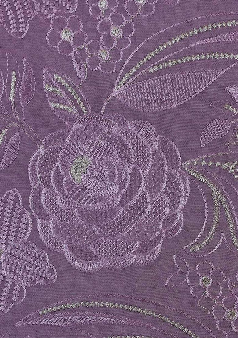 Purple Satin Embroidered Pre Draped Saree Set - Indya