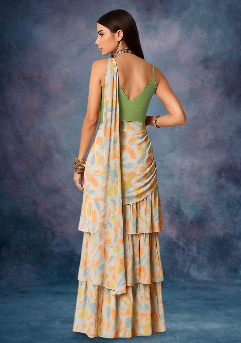 Peach Chinon Abstract Printed Pre Draped Saree Set - Indya