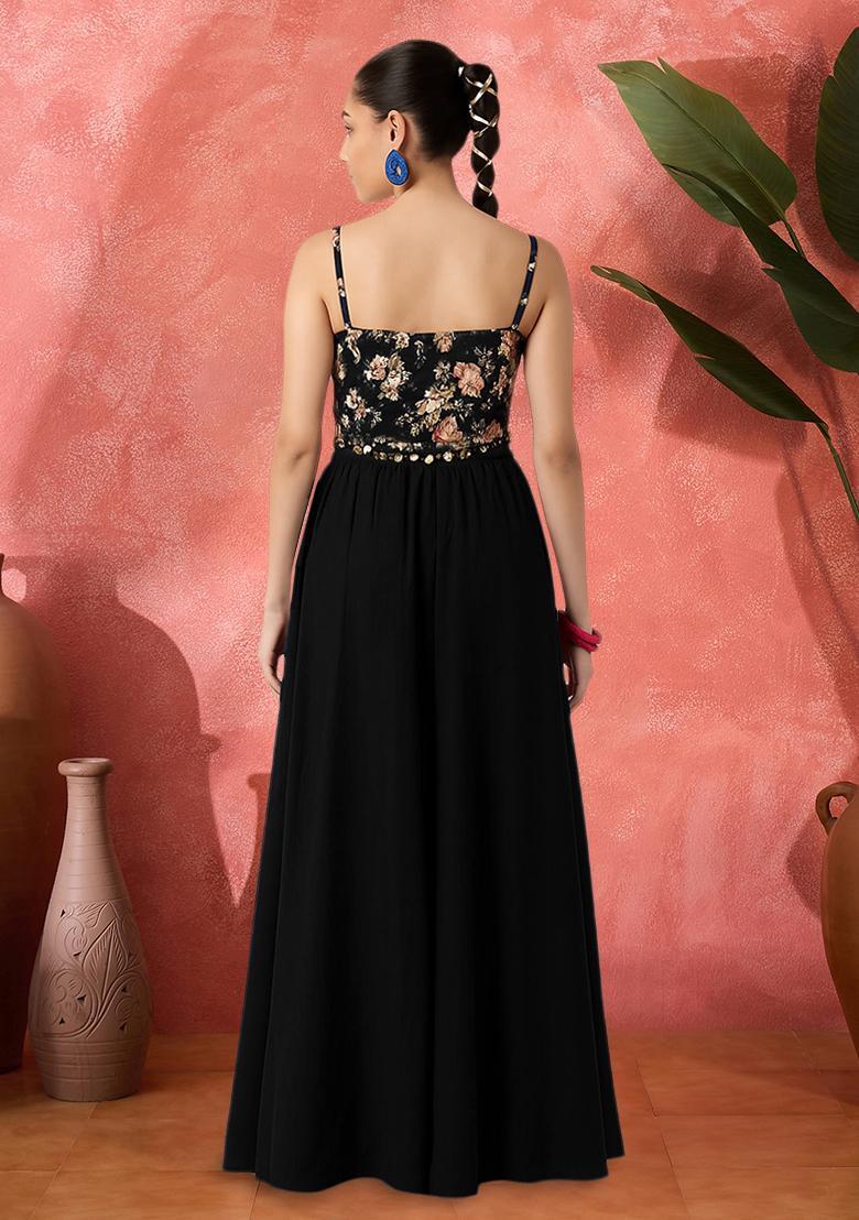 Black Satin Floral Printed Fusion Set - Indya
