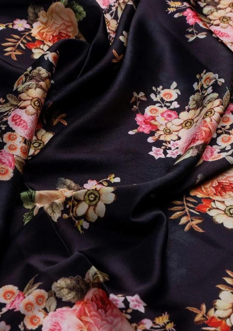 Black Satin Floral Printed Fusion Set - Indya
