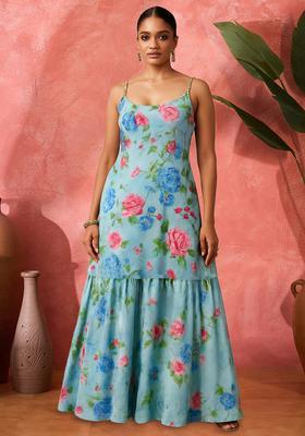 Light Blue Floral Print Organza Gown Set